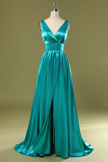 Vestido de dama de honor largo cuello en V turquesa